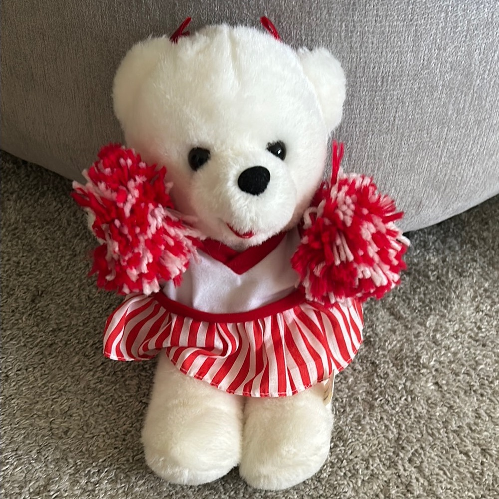 White Teddy Bear with Red Cheerleader Outfit